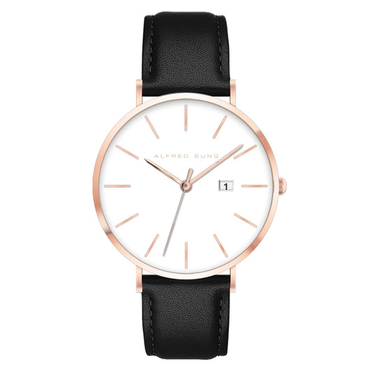 Alfred Sung Metropolitan Date White Dial Rosegold Case Black Leather Strap watch