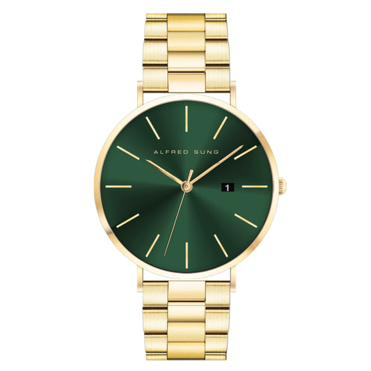 Alfred Sung Metropolitan Date Green Dial Gold Bracelet watch