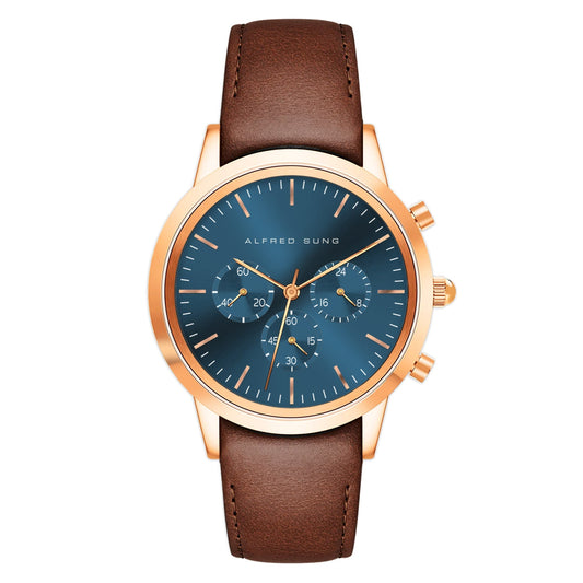 Alfred Sung Chronograph Blue Sunray Dial Brown Leather Strap Men's watch