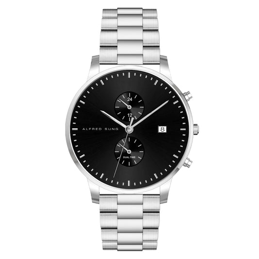 Alfred Sung Dual Time with Date Black Dial Silver Bracelet watch
